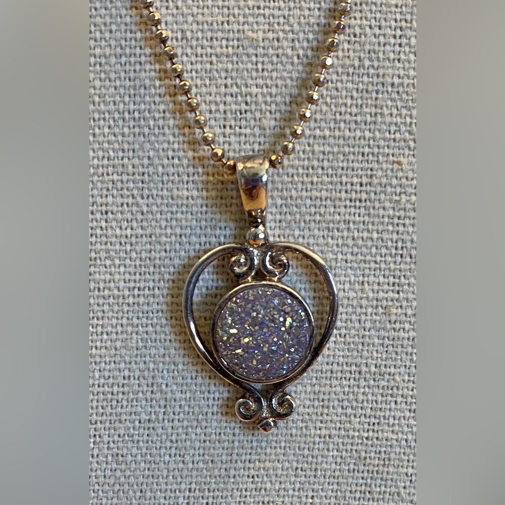 Vintage SAJEN Druzy Gemstone and Sterling Signed Pendant & 18” SS Chain Necklace